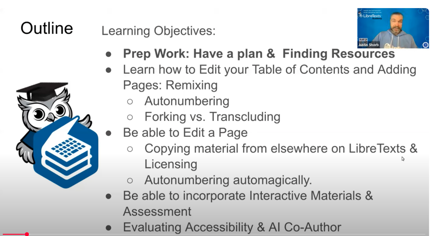 screenshot of the youtube video of the webinar with Benny the Owl, speaker in corner, and Learning Objectives 